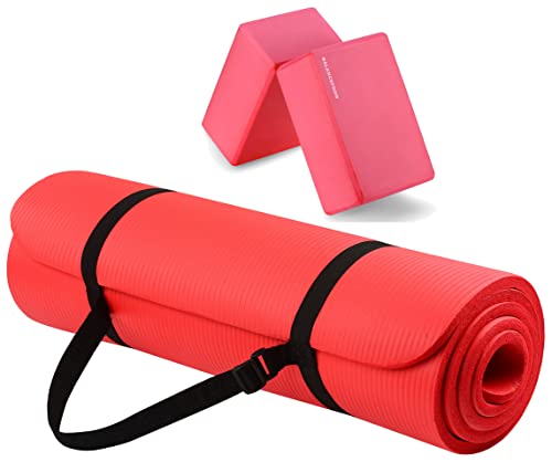 BalanceFrom Allzweck-Yogamatte, 1,27 cm, extra dick, hohe Dichte, reißfest, mit Tragegurt und Yoga-Blöcken