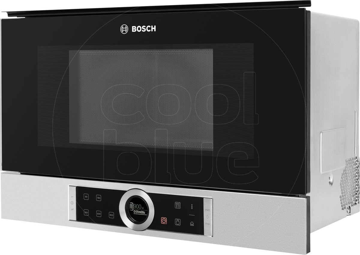 Bosch BFR634GB1 Serie 8 Einbau-Mikrowelle, 38 x 60 cm, 900 W, Türanschlag Rechts, AutoPilot 7 7 Automatikprogramme, Reinigungsunterstützung, TFT-Touchdisplay, LED-Beleuchtung gleichmäßige Ausleuchtung