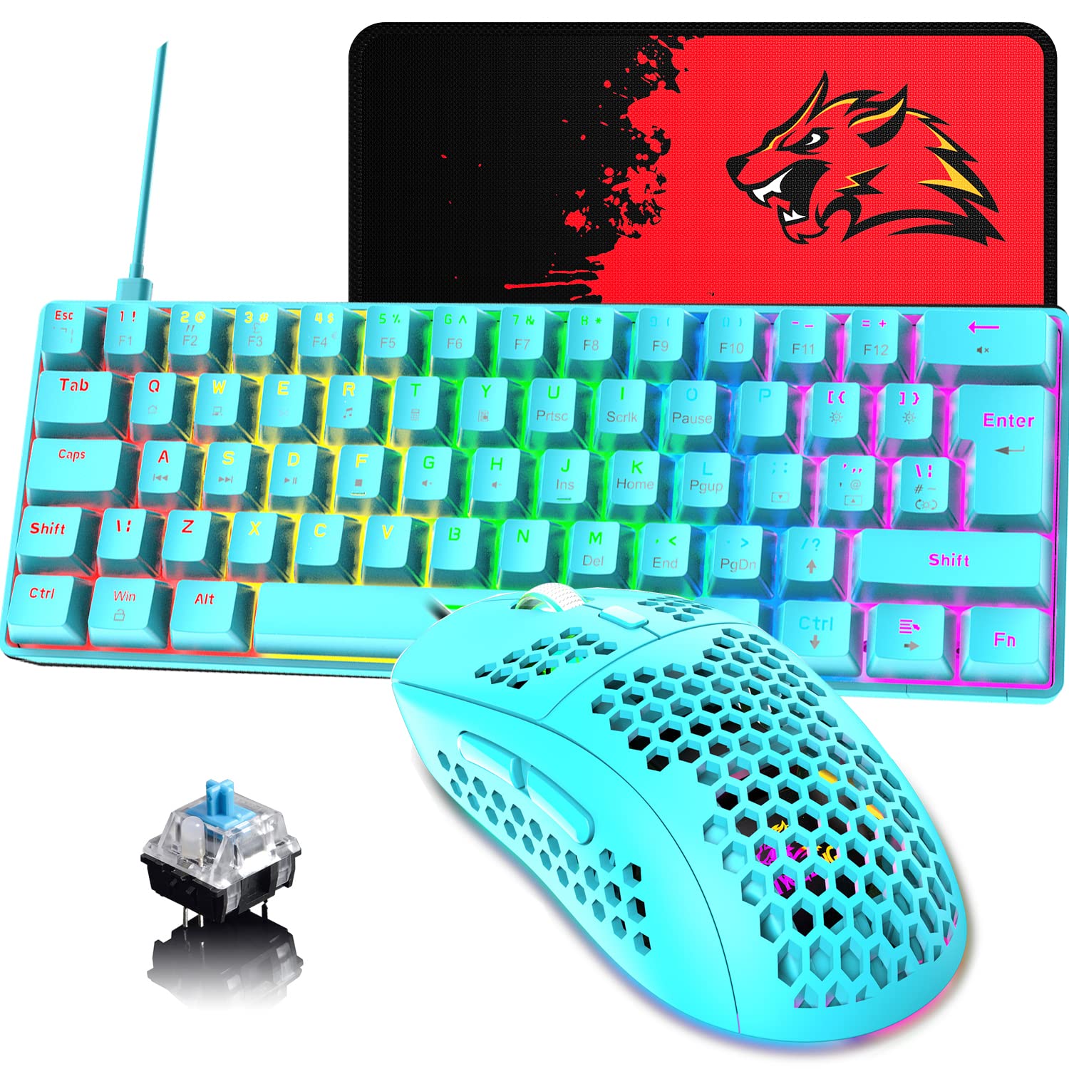 60% UK-Layout Kabelgebundene Gaming-Tastatur und -Maus, 62Keys Mini Compact Mechanical Keyboard, 19 Rainbow Lighting Effect + 6 RGB Lighting Effect Leichte Maus mit 6400 DPI (blau/Blauer Schalter)