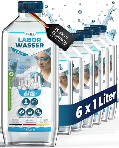 Qindoo 6L Laborwasser Premium Wasser, Aqua Bidest, 2-Fach destilliert - 1L Flaschen Bidestilliert