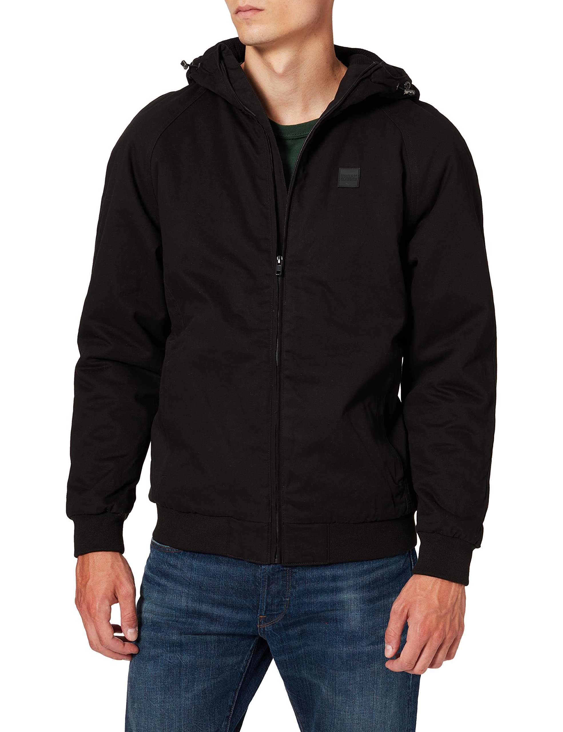 Urban Classics Herren Kurzjacke Hooded Cotton Zip Jacket, Jacke für Herbst und Winter mit Kapuze, warm gefüttert - Farbe black, Größe S
