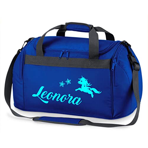 Sporttasche Mädchen mit Namen |springendes Einhorn und Sterne | Personalisierbare und Bedruckte Reisetasche Duffle Weekender Bag (Royalblau)