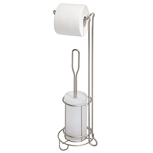 mDesign Toilettenpapierhalter mit Toilettenbürste ohne Bohren – freistehender Klorollenständer mit integrierter Klobürste – 2-in-1 WC Garnitur stehend – silberfarben