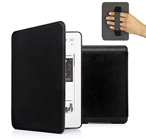 MyGadget Kunstleder Hülle für Amazon Kindle Paperwhite 2018 10. Generation - Handschlaufe & Schlaf Funktion magnetische Flip Case - Schwarz