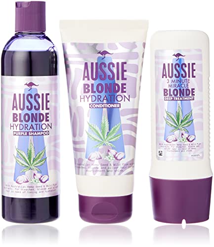 Aussie Blonde Purple Shampoo und Conditioner Set + Haarmaske, Silber & Blond Shampoo & Haarspülung + 3 Minuten Miracle, 290ml/200ml/250ml, Verpackung kann variieren
