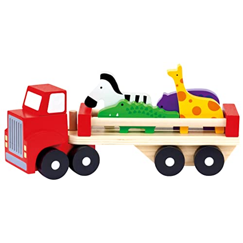 Bino Holz LKW mit Tieren, Spielzeug für Kinder ab 1,5 Jahre, Kinderspielzeug (6-teiliges Motorikspiel mit exotischen Tieren & abnehmbarem Anhänger, zur Förderung kindlicher Fähigkeiten), Mehrfarbig