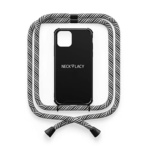 NECKLACY® - Die Premium Handykette für Apple iPhone 13 in Black Domino Swirl| Schwarze Handyhülle mit hochwertiger Kordel zum Umhängen - Smartphone Crossbody Case
