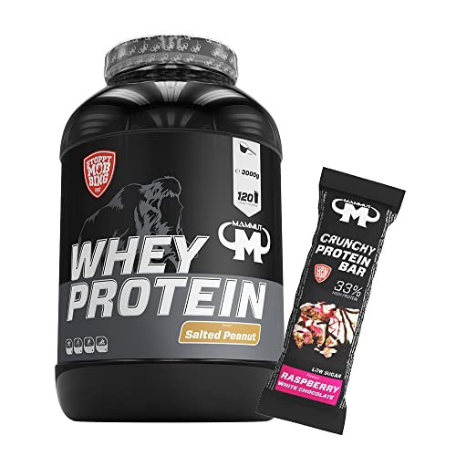 3kg Mammut Whey Protein Eiweißshake - Set inkl. Protein Shaker, Riegel, Powderbank oder Tasse (Salted Peanut, Mammut Protein Bar - Raspberry)