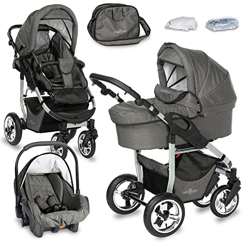 Bergsteiger Capri Kinderwagen 3 in 1 Kombikinderwagen, 10 teilig inkl. Babyschale, Babywanne, Sportwagen und Zubehör, verbessertes Modell