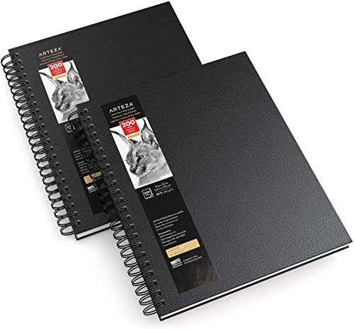 Arteza Skizzenbuch mit Spiralbindung 2er-Pack je 100 Blatt, 22.9 x 30.5 cm, Skizzenblock in Schwarz, 100 GSM, Hardcover-Sketchbook für Bleistifte, Kohle, Kugelschreiber, Wachsmalstifte