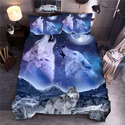 Junge Mann Schwarz Wolf Romantisch Blau Mond Bettwäsche Set mit Kissenbezug, Schnee Galaxis Star Braun Wolf Tier Bettbezug Polyester (Wolf # 5, Single 135x200cm)