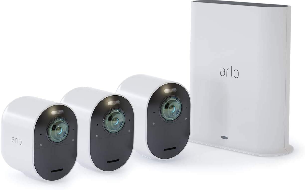 Arlo Ultra WLAN Überwachungskamera 4K Alarmanlage, Aussen, kabellos, Bewegungsmelder, Smart Home, Nachtsicht, 180 Grad, 2-Wege Audio, mit Testzeitraum für Arlo Secure Plan, Weiß VMS5340