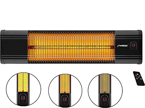 Phönix PCH-2000W Infrarot Carbon Heizstrahler Wandheizung mit Fernbedienung Heizstrahler Terassenheizung | Indoor & Outdoor | 2000 Watt | Abdeckhaube & Thermostat & Timer & 3 Stufen
