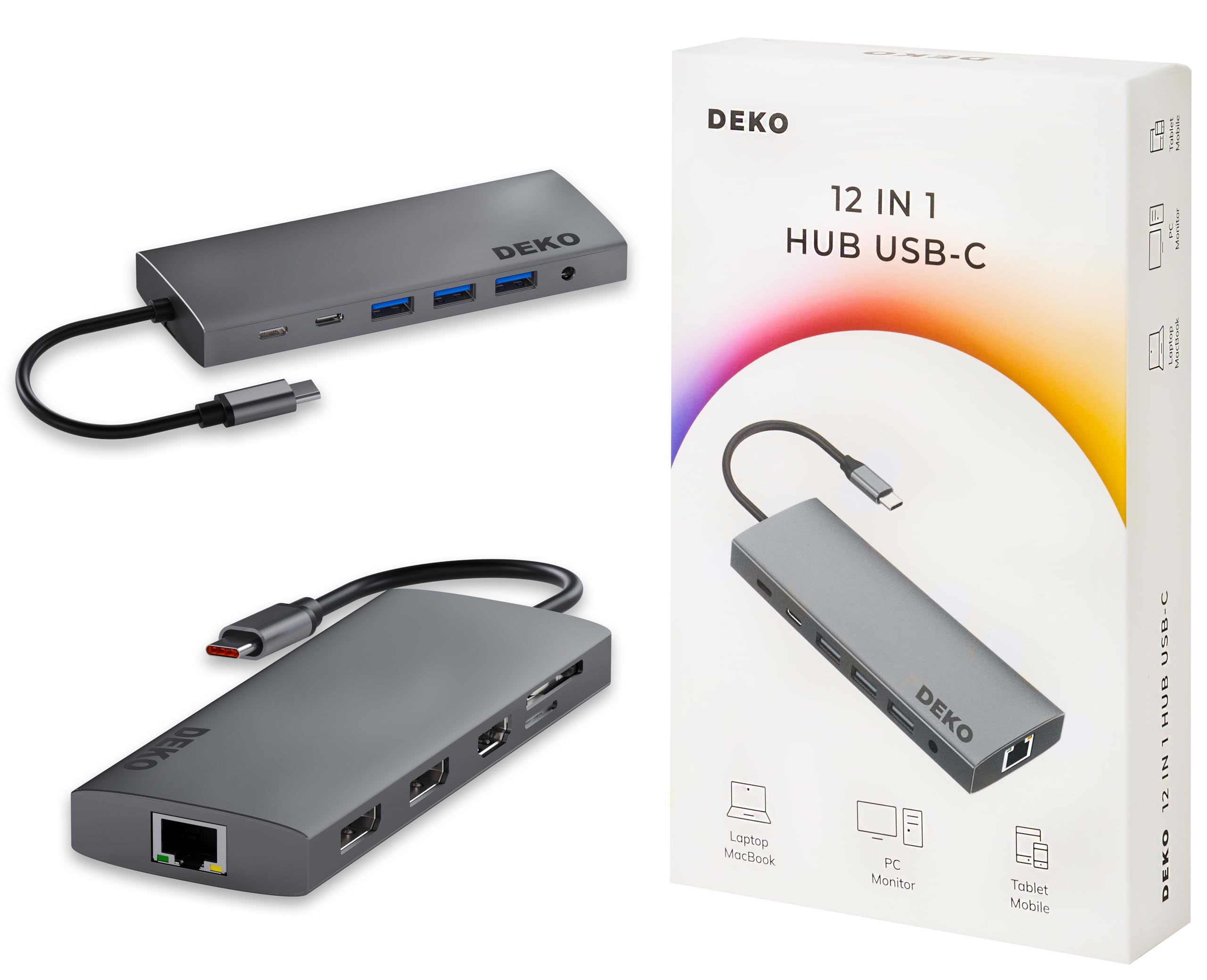 Deko PRO Hub USB C 12in1 Dockingstation PD 100W HDMI 4K 60Hz DP 60Hz 3xUSB 3.1 10Gbps für iPhone 15/15 Pro, MacBook Pro/Air, iPad Pro, Surface, XPS, Thinkpad, Galaxy.