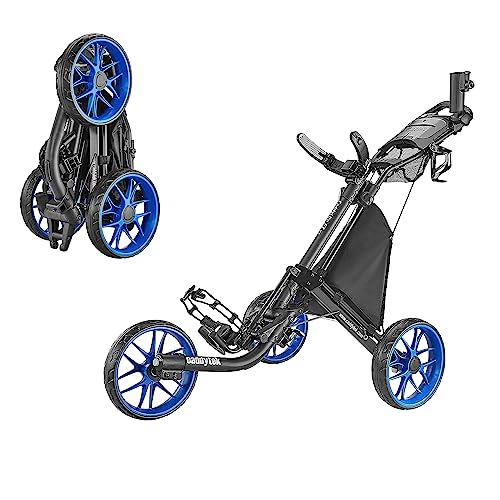 CaddyTek EZ Tour Quickfold Deluxe 3-Rad Golftrolley Golfcaddy komplett mit Kühltasche - Modell 2020 (schwarz-blau)