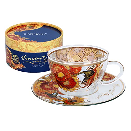 CARMANI - Einzigartige Glas bemalte Kaffee Latte Cappuccino Tee heiße Schokolade Tasse mit 'Sonnenblumen' von Vincent Van Gogh -250 ml