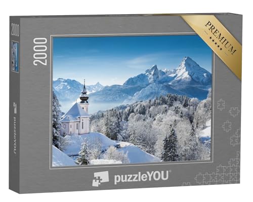 puzzleYOU: Puzzle 2000 Teile „Wallfahrtskirche und Watzmann-Gipfel im Winter, Berchtesgadener Land, Deutschland“