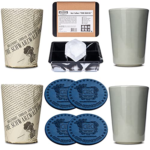 ALANDIA Monkey 47 Becher Set | 4x Monkey Gläser Gin Tonic | 4x Glas Untersetzer | 1x XXL Eiswürfelform mit Deckel | Ideales Gin Geschenkset