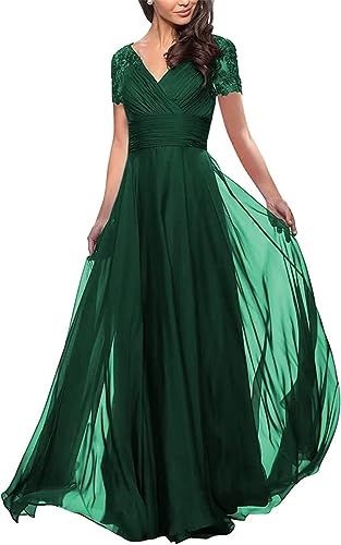 WSEYU V-Ausschnitt Spitzenkleid für Mutter der Braut Hochzeit Chiffon formale Kurzarm Abendkleid, Smaragd Grün, 46 Große Größen