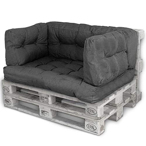 Bobo LACESTONE Palettenkissen Palettenauflagen Sitzkissen Rückenlehne Kissen Palette Polster Sofa Couch (Set Sitzfläche + Rückenteil + 2X Seitenteil, Schwarz)