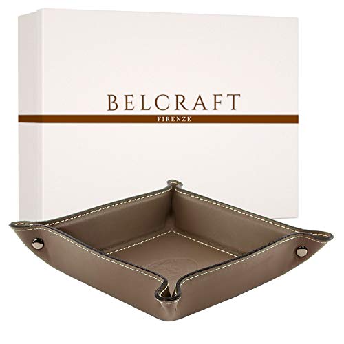 Belcraft Orvieto Taschenleerer Leder, Handgearbeitet in klassischem italienischem Stil, Ordentlich Tablett, Geschenkschachtel inklusive Taupe (19x19 cm)