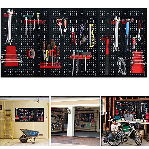 Aufun Lochblech Werkzeugwand, Dreiteilig Werkzeuglochwand aus Metall mit 17 teilge Hakenset 120 x 60 x 2 cm für Werkstatt Schwarz und Rot