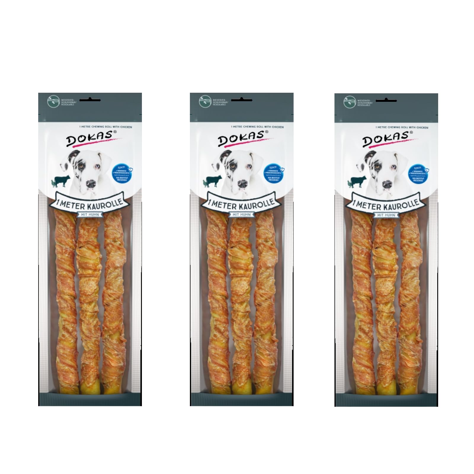 Dokas Dog 1 Meter Kaurolle mit Huhn | 3er Set | 3 x 315 g | Ergänzungsfuttermittel für Hunde | Langzeit-Knabber- und Kauvergnügen aus Rinderhaut mit Hühnerbrustfilet ummantelt