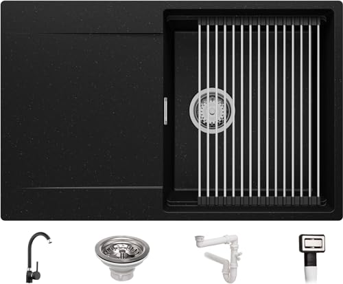 Spülbecken Schwarz Metallic 78x50 cm, Granitspüle + Ablauf-Set + Küchenarmatur 5000, Küchenspüle für 50er Unterschrank, Einbauspüle von Primagran
