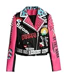 Hzikk Frauen Lederjacke Straße Nieten Leopard Letters Graffiti Bunte Augen Print,Multi,XL