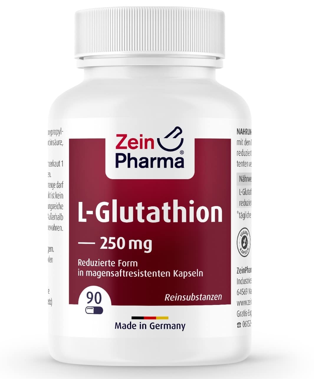 ZeinPharma L-Glutathion Kapseln 250 mg, 90 vegane und hochdosierte Kapseln frei von Gluten, Laktose und Soja
