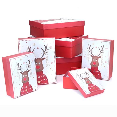 7-tlg. Set Geschenkkarton für Weihnachten - Geschenkboxen für Weihnachten - Große Geschenkkarton Weihnachten - Pappschachteln für Weihnachten - Geschenkschachteln Weihnachten Farbe Rentier mit Lametta