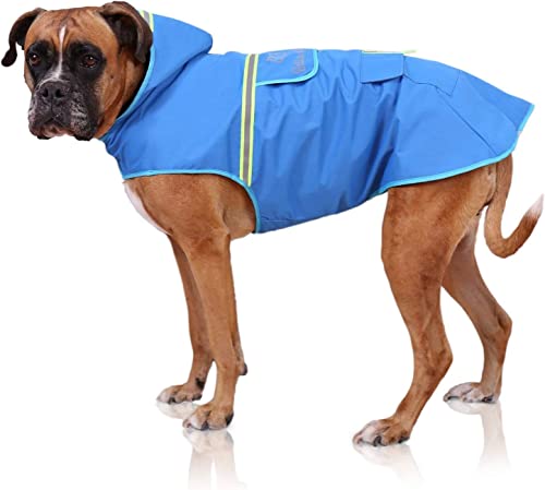 Bella & Balu Hunderegenmantel – Wasserdichter Hundemantel mit Kapuze und Reflektoren für trockene, sichere Gassigänge, den Hundespielplatz und den Urlaub mit Hund (L | Blau)