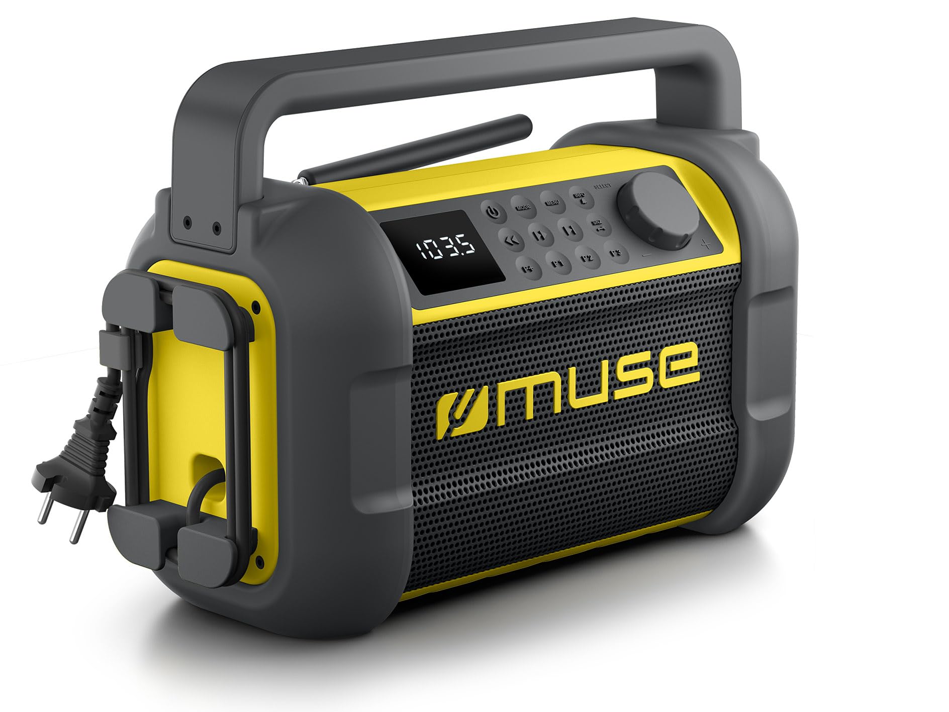 Muse M-928 BTY Baustellenradio, robust, Staub- und spritzwassergeschützt (IP64), mit Bluetooth und UKW Radio, integriertem Ladegerät und USB-C-Anschluss, schwarz-gelb