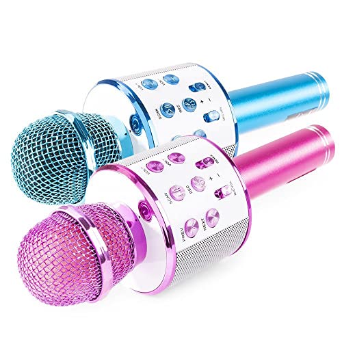MAX KM01 2x kabellose Karaoke-Mikrofone für Kinder mit u. a. Bluetooth, eingebauten Lautsprechern, Micro-SD, USB, Voice Scrambler - 2x blau