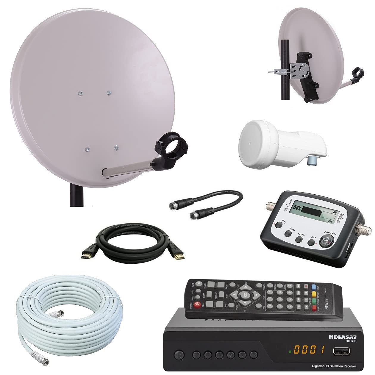 Digital Camping SAT Anlage 40 cm Spiegel + HD Sat Receiver + Digitaler SAT Finder + HD Single LNB + 10m Kabel