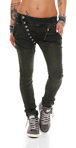 Fashion4Young 5857 MOZZAAR Damen Jeans Hose Röhrenjeans Haremshose Röhre Damenjeans Hüftjeans (3XL=46, Dunkelgrün)