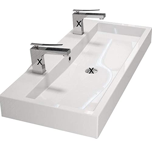alavabo Design Waschbecken Doppelwaschbecken Weiß 100cm zur Wandmontage oder Aufsatzwaschbecken mit 2 Armaturlöcher | 100x42x10cm | hochwertiges Mineralguss | Qualität Made IN EU