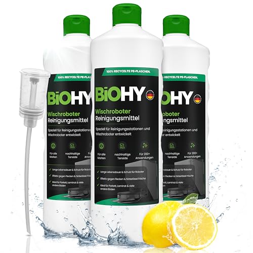 BiOHY Wischroboter Reinigungsmittel (3 x 1 Liter) + Dosierer | Speziell für Reinigungsstationen entwickelt | Verlängert die Lebensdauer der Absaugstation | Schaumarmes Bodenreiniger Konzentrat