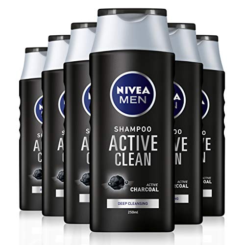 NIVEA MEN Active Clean Shampoo 6er Pack (6 x 250 ml), Aktivkohle-Shampoo für normales Haar, Tiefenreinigungsshampoo für Männer mit frischem maskulinen Duft