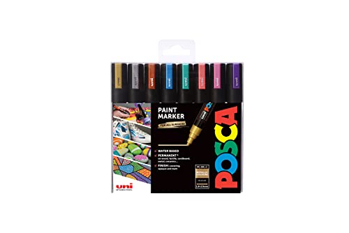 POSCA 153544855 PC-5M „Metallic Paint in a Pen“-Set, 2,5 mm breite Kugelspitze, wasserbasierte Filzstifte, 8 Farben