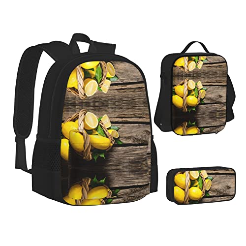 FRGMNT Crown Lion Rucksack Schule Büchertaschen Set Lunchtasche Federmäppchen Schulrucksäcke für Teen Mädchen Jungen, Ein Korb mit Zitronen, Einheitsgröße, Schulrucksack