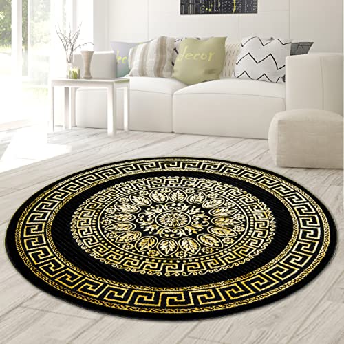 Teppich modern Designerteppich Mäander Muster in schwarz Gold Größe 200 cm Rund