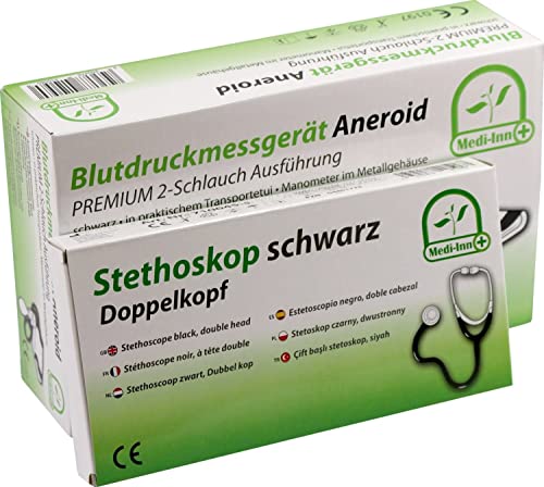 Blutdruckmessgerät Aneroid Premium 2- Schlauch Tasche CE Medi-Inn + Stethoskop (RR + Stethoskop Doppelkopf)