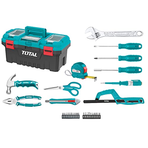 Total Tools - Box mit 32 Werkzeugen, 43 cm (17 Zoll) | Zange, Schlüssel, Schraubendreher und Hammer mit Nägeln, Flexometer, Bits und Sägebogen | Spannungsprüfer