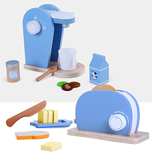 TikTakToo Frühstücksset Kinder Kaffemaschine Toaster Spielset aus Holz mit viel Zubehör für das erste Frühstück passend zu Allen Kinderspielküchen Kinderküchen Spielzeug (Toaster Set)