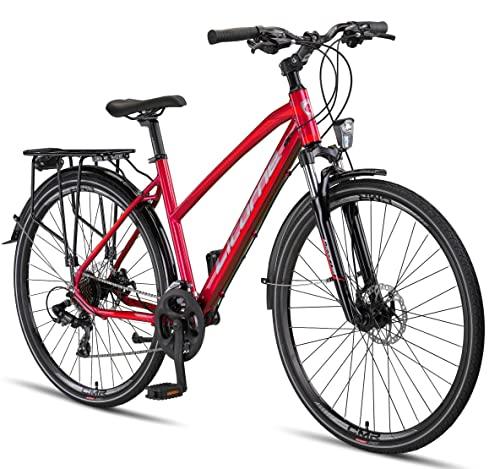 Licorne Bike Premium Touring Trekking Bike in 28 Zoll Aluminium Scheibenbremse Fahrrad für Jungen, Mädchen, Damen und Herren - 21 Gang-Schaltung - Mountainbike - Crossbike (Damen, Dunkelrot)