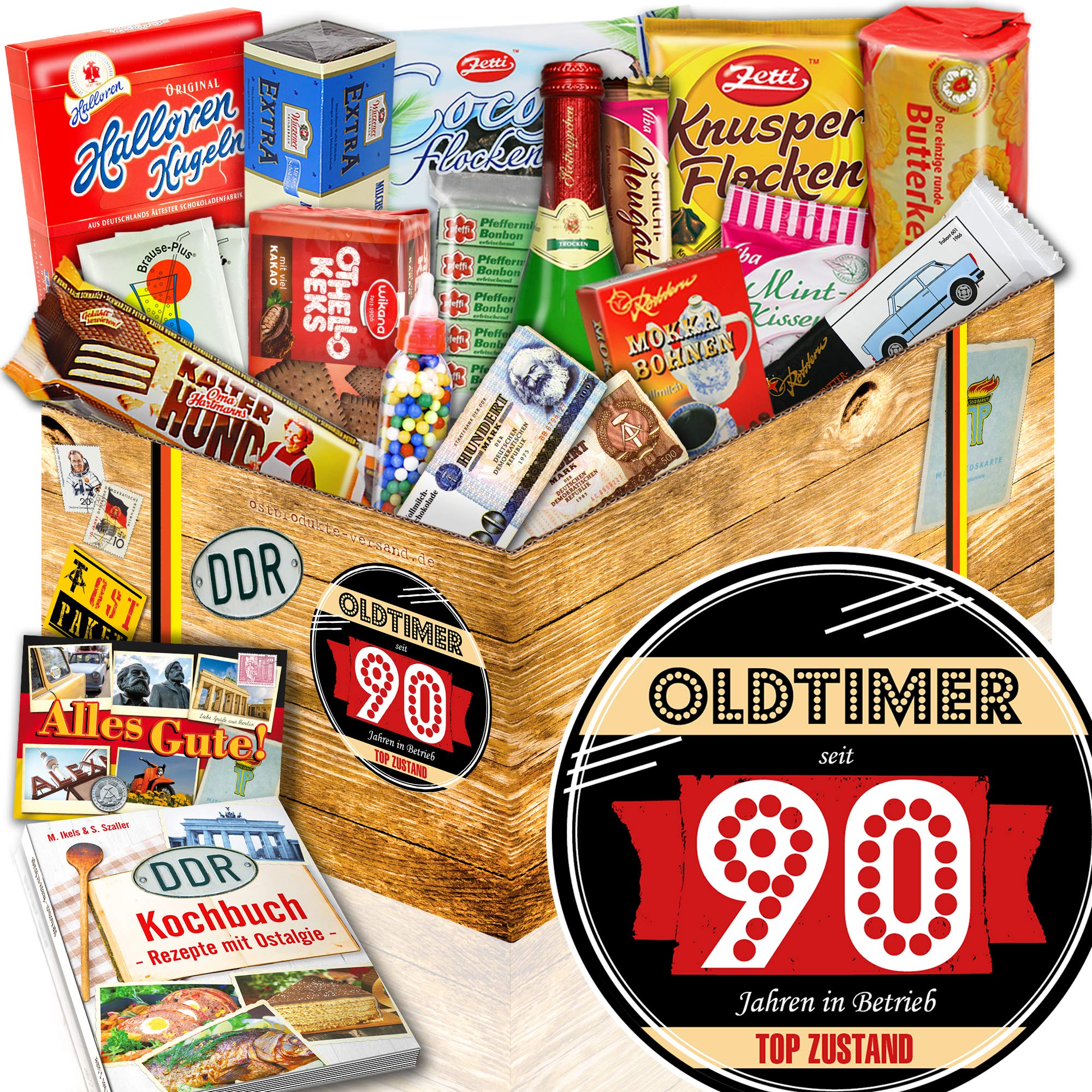 ostprodukte-versand Oldtimer 90 ++ Papa Geschenk zum 90 Geburtstag lustig ++ XXL Suessigkeiten Box
