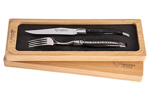 Laguiole en Aubrac Besteck Set - 1 Steakmesser + 1 Gabel - Griff aus Ebenholz - Original mit Zertifikat | Holz-Leute?