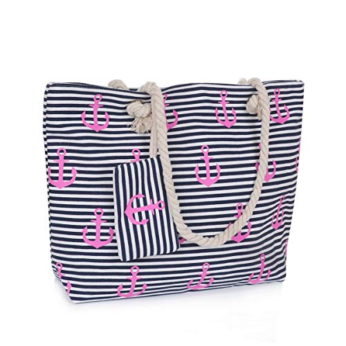 Sonia Originelli XL Shopper Bella Tasche Maritim Streifen Mini Anker Allover Farbe Marine-Pink