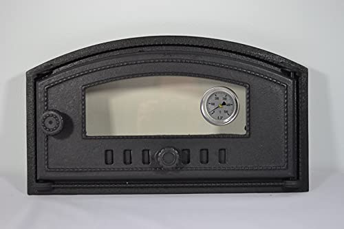 SEZAM Backofentür aus Gusseisen mit Thermometer 500 °C, hitzebeständige Glasscheibe, nach rechts öffnend, Pizzaofentür - Brotofen - Steinofentür, 48,5 x 6,5 x 27,5 cm - halbrund, schwarze Bemalung